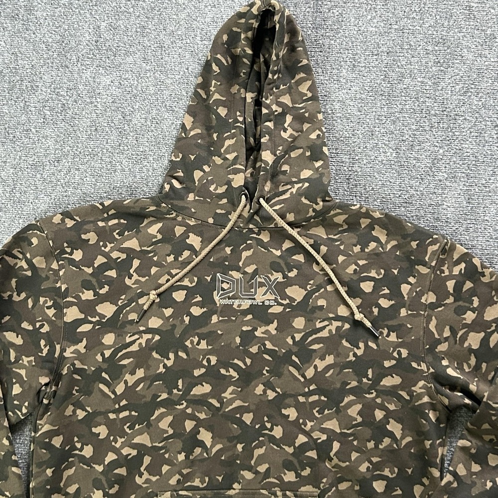 DUX Waterfowl Co Hoodie Mens XL Green Camo Pullover Fleece Logo Hunting